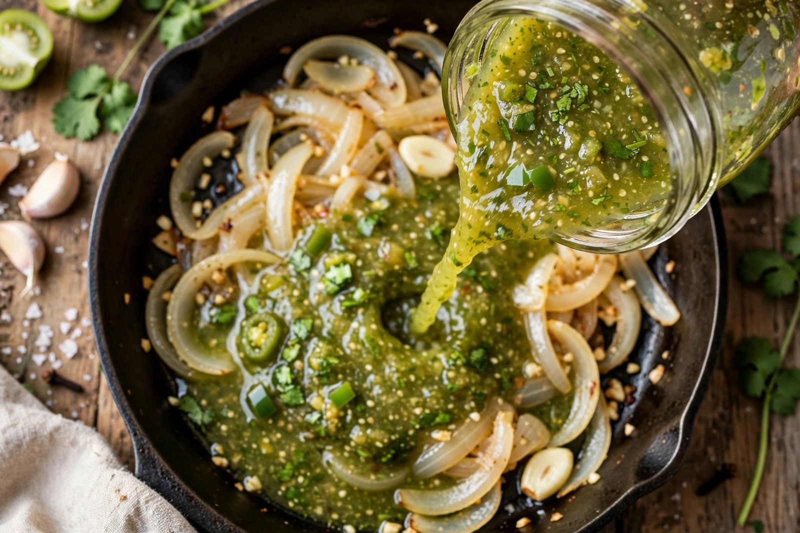 Overhead of green salsa verde being poured into the skillet with onion and garlic.