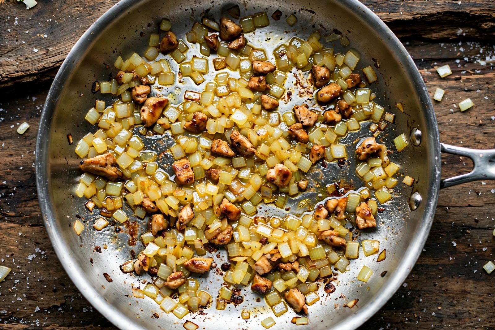Overhead of diced onion softening in the skillet, picking up browned bits.