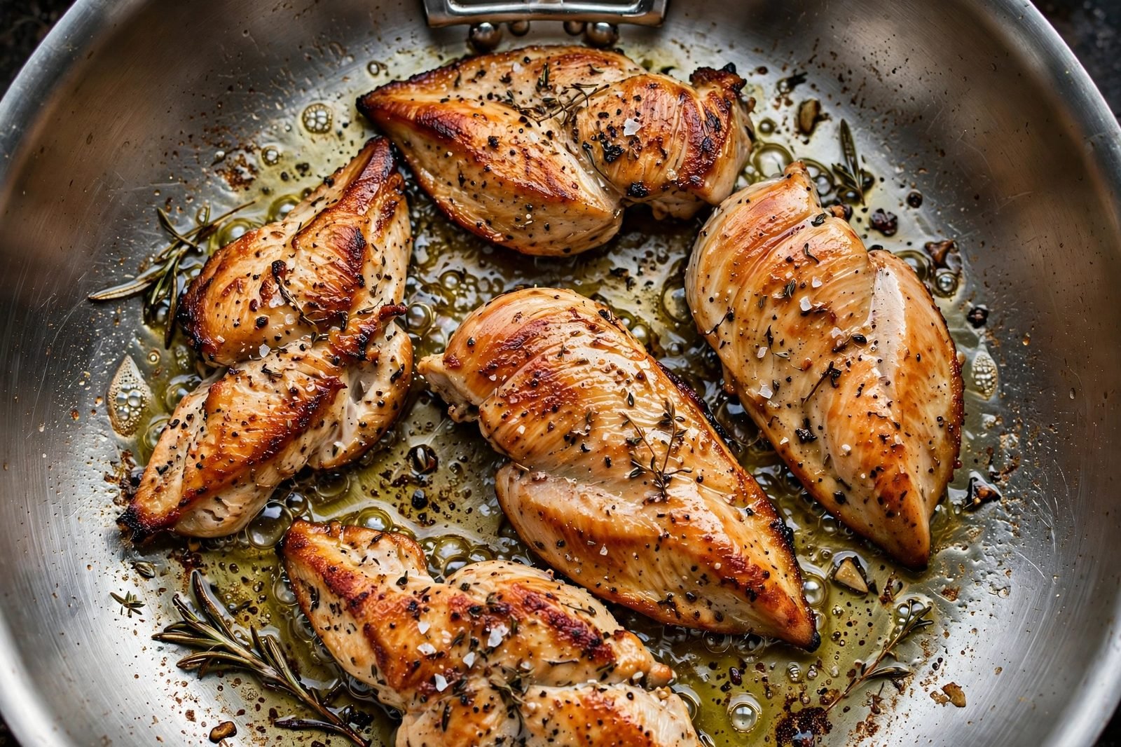 Overhead of chicken pieces searing golden in a hot skillet with olive oil.