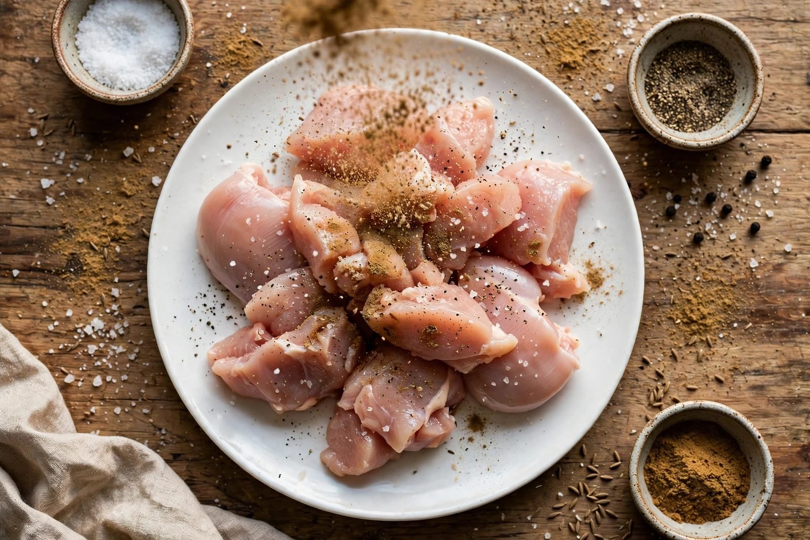 Overhead of raw chicken pieces on a plate tossed with salt, pepper, and cumin.