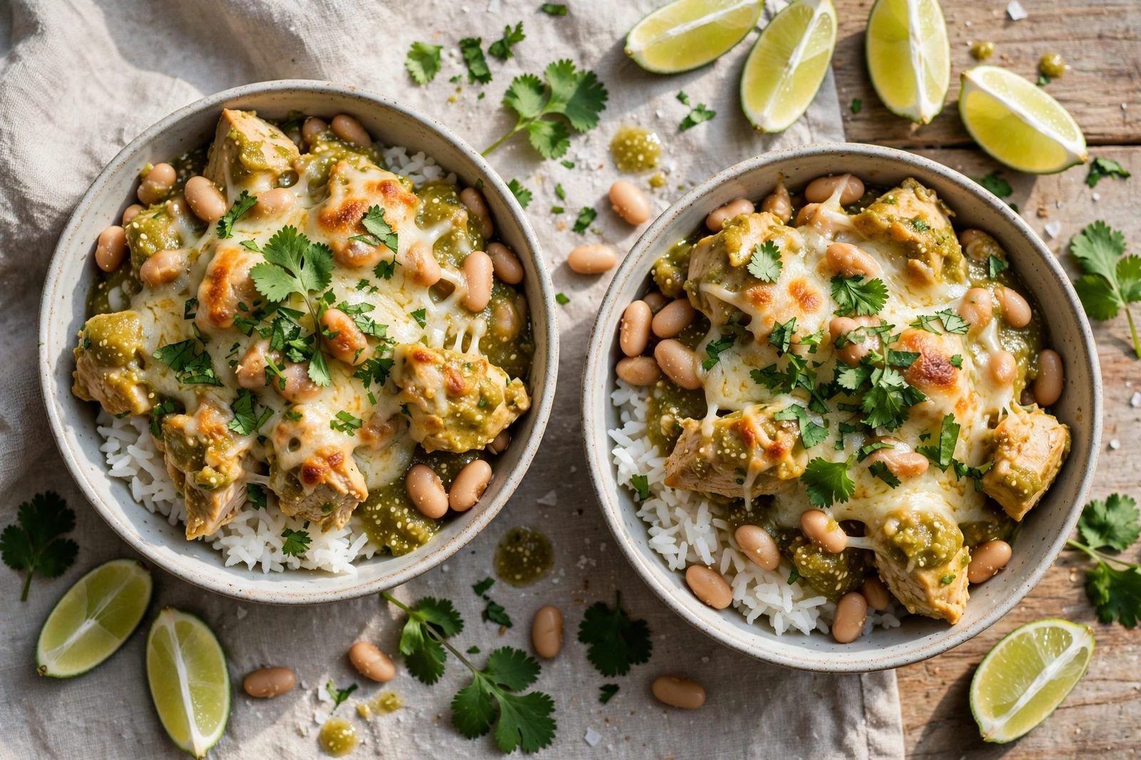 Overhead of served bowls of salsa verde chicken over rice with cilantro and lime.