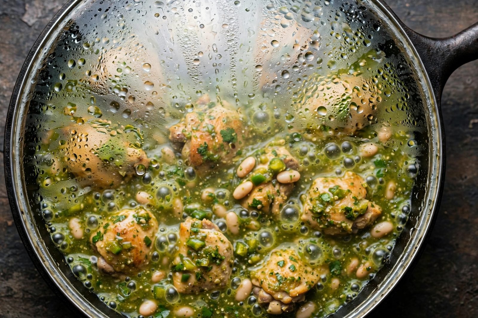 Overhead of the covered skillet simmering with condensation on the lid.