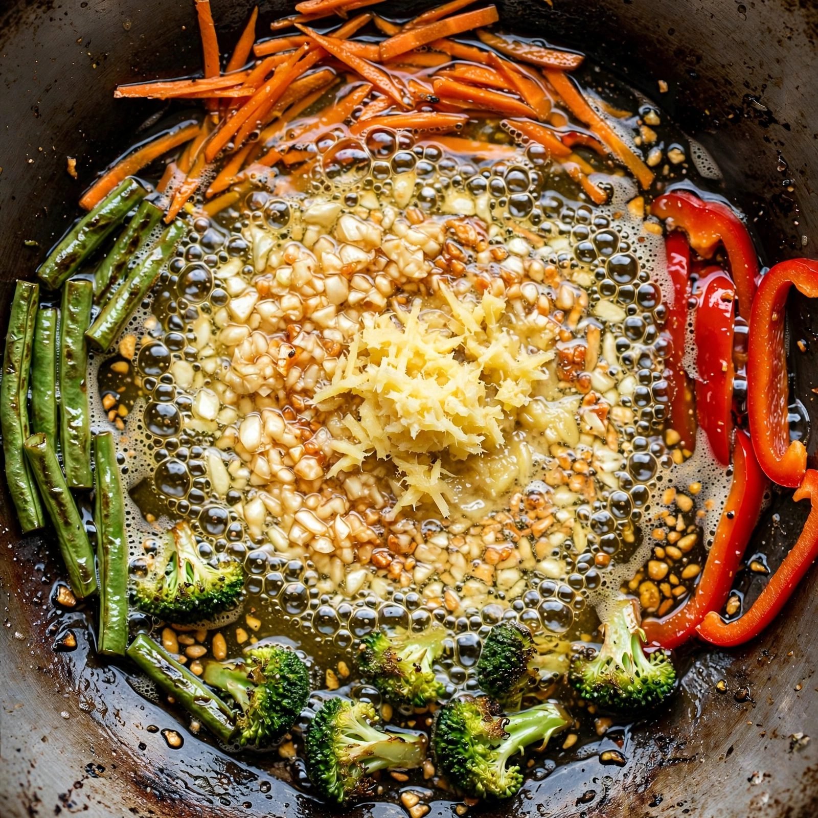 Overhead close-up of minced garlic and grated ginger sizzling in the center of the wok.