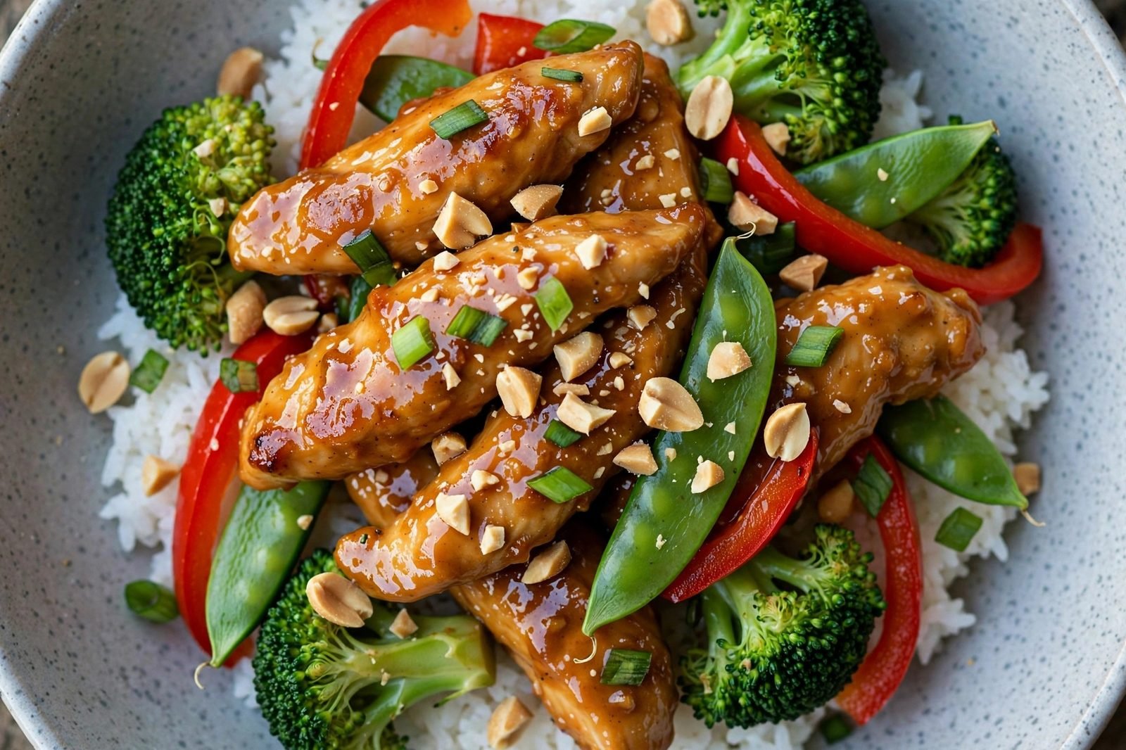 Overhead close-up of one finished bowl showing glossy chicken, vegetables, peanuts, and scallions.
