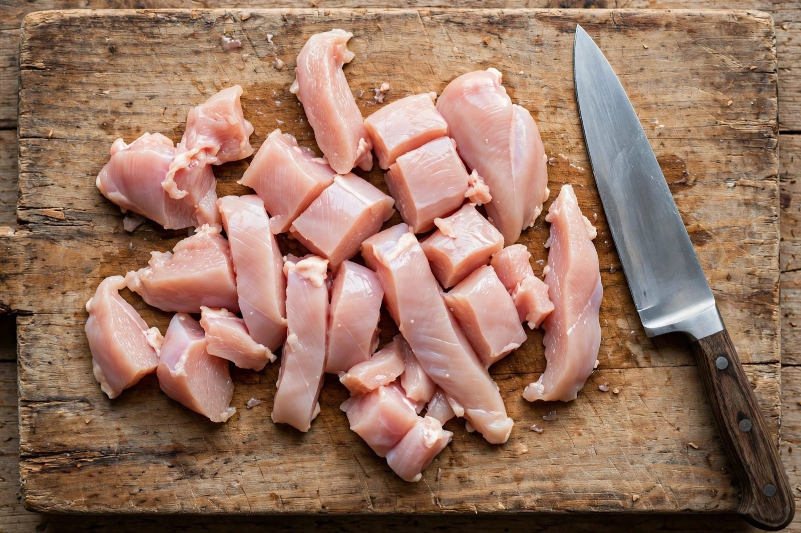 Overhead of raw chicken strips on a cutting board.