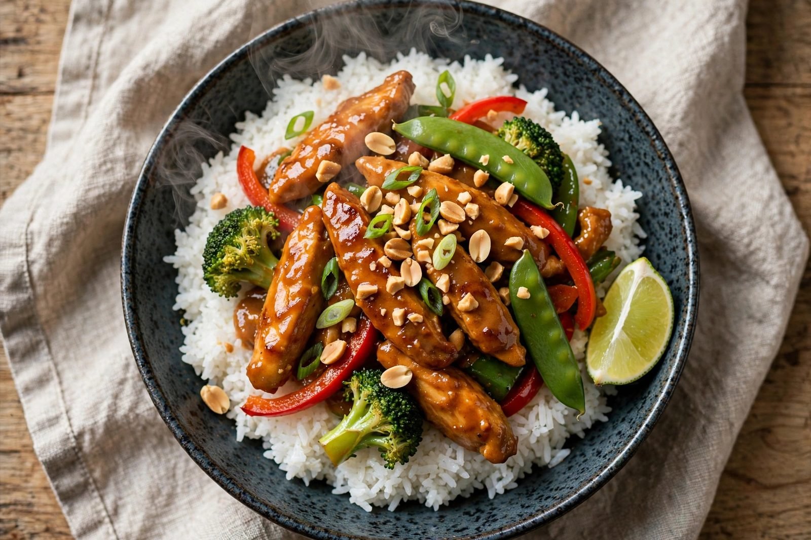 Overhead of the finished stir-fry spooned over steamy white rice in a bowl, glossy peanut sauce coating chicken and vegetables, topped with chopped peanuts, scallions, and a lime wedge.