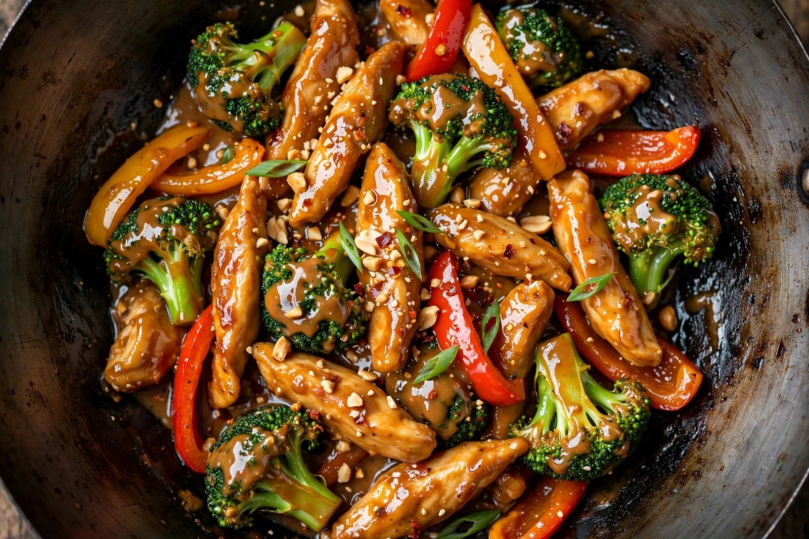 Overhead close-up of the finished stir-fry glistening with peanut sauce in the wok.