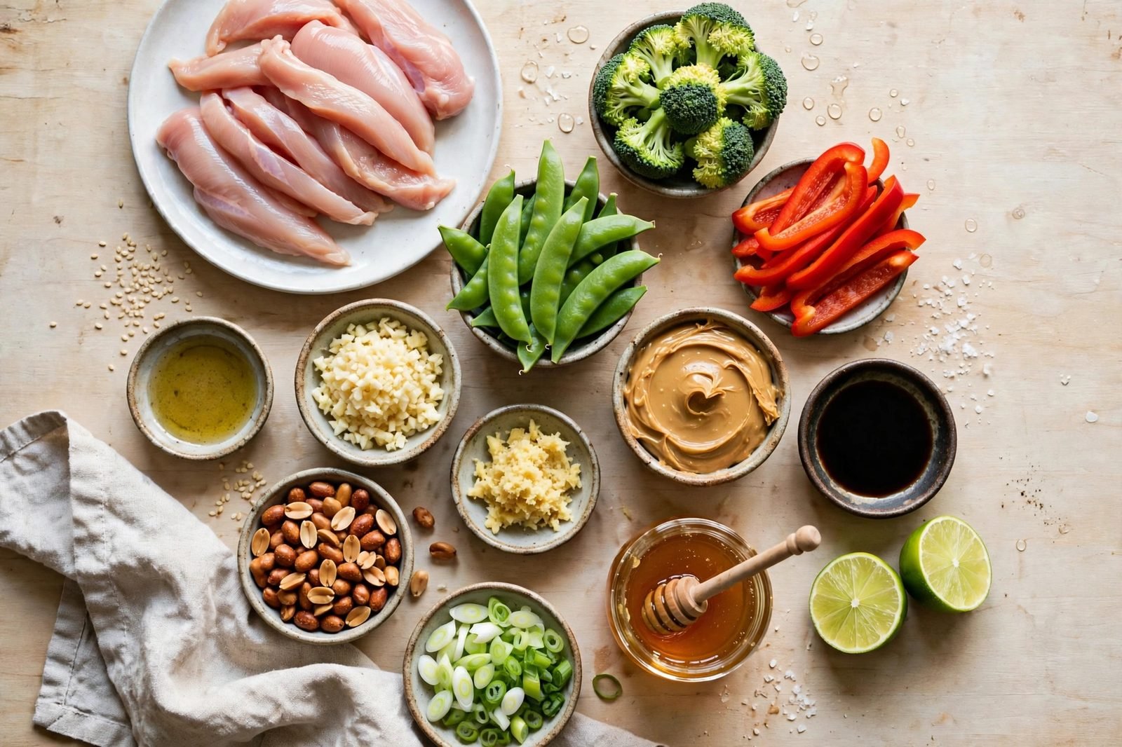 Overhead of raw chicken strips, broccoli florets, red bell pepper strips, snap peas, garlic, ginger, peanut butter, soy sauce, lime, honey, sesame oil, peanuts, scallions arranged on a counter.