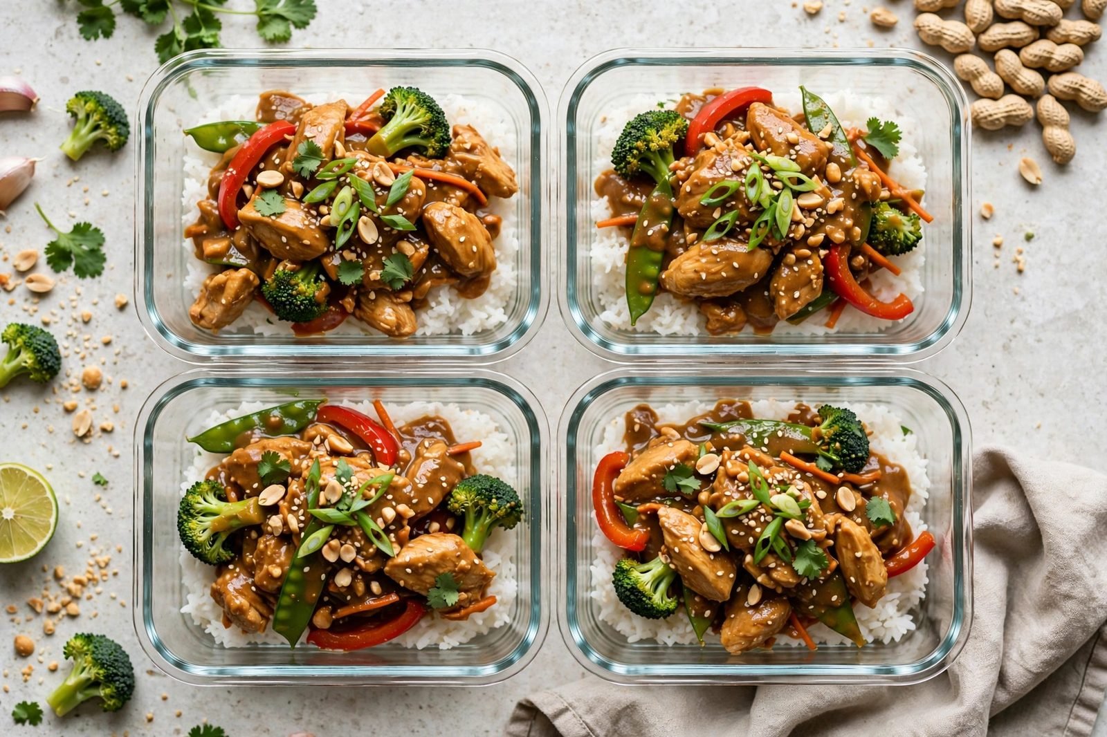 Overhead of glass meal-prep containers filled with the stir-fry over rice.