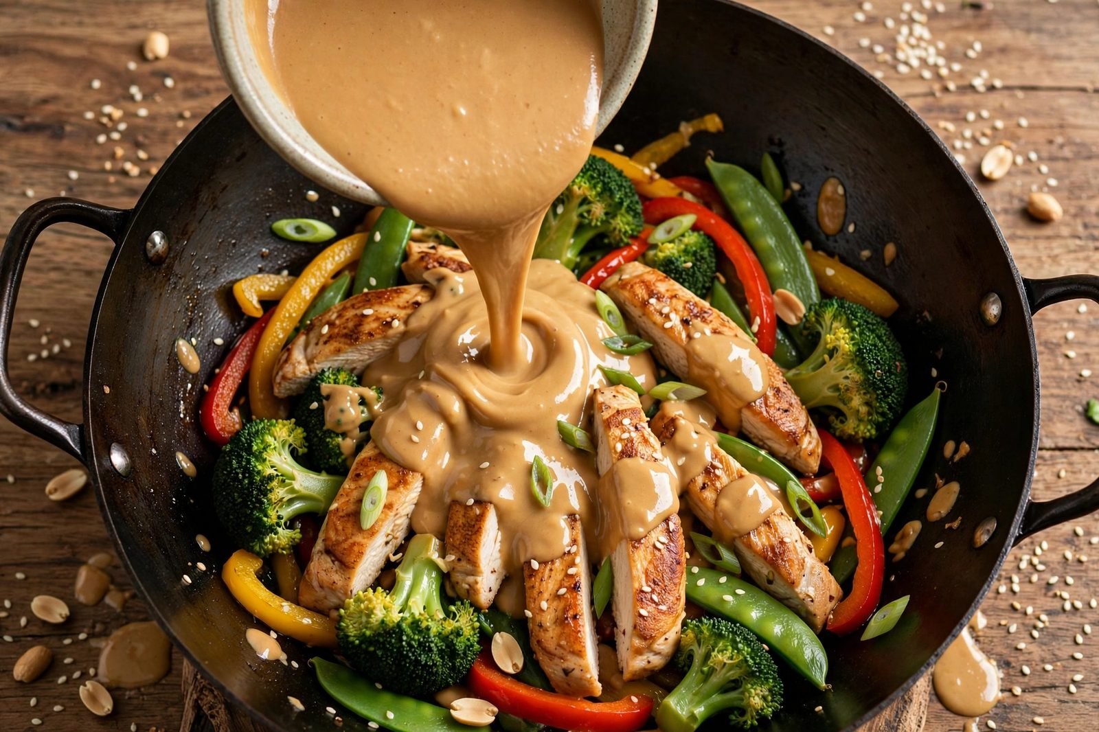 Overhead of peanut sauce being poured over chicken and vegetables in the wok.