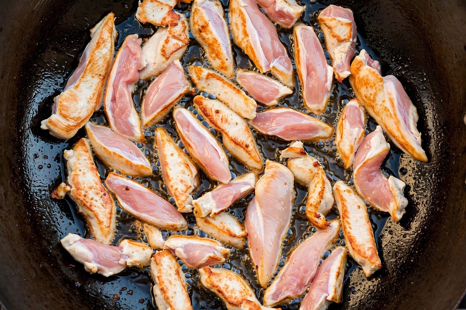 Overhead of chicken strips searing golden in a single layer in a hot wok with shimmering oil.