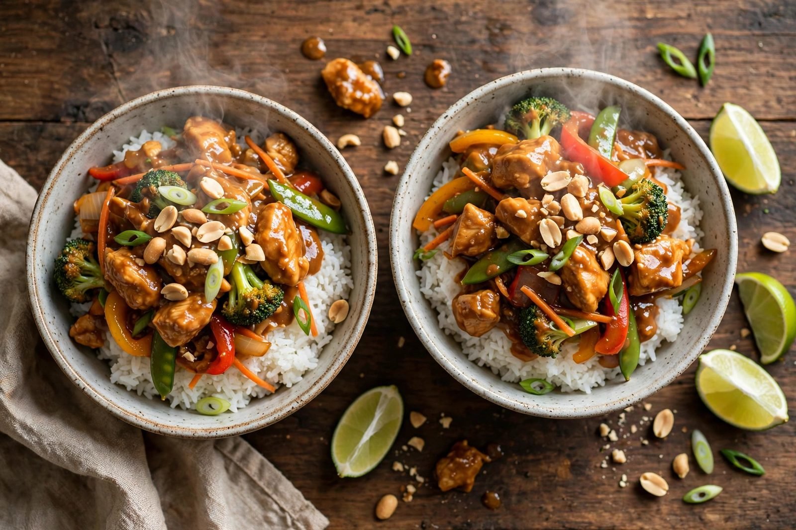 Overhead of two bowls of rice topped with the peanut chicken stir-fry, peanuts, scallions, lime wedges.