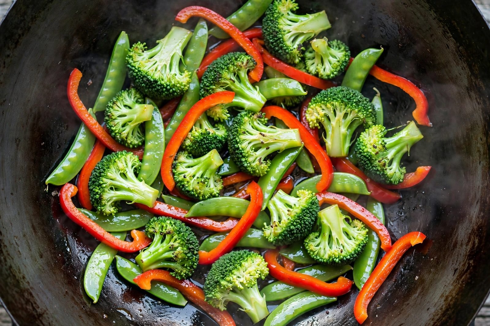 Overhead of broccoli, bell pepper strips, and snap peas stir-frying in a wok, bright and glossy.