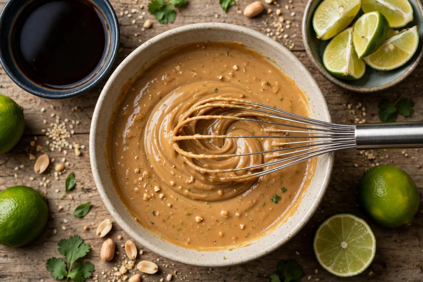 Overhead of a bowl of smooth creamy peanut sauce being whisked, with soy sauce bottle and lime nearby.