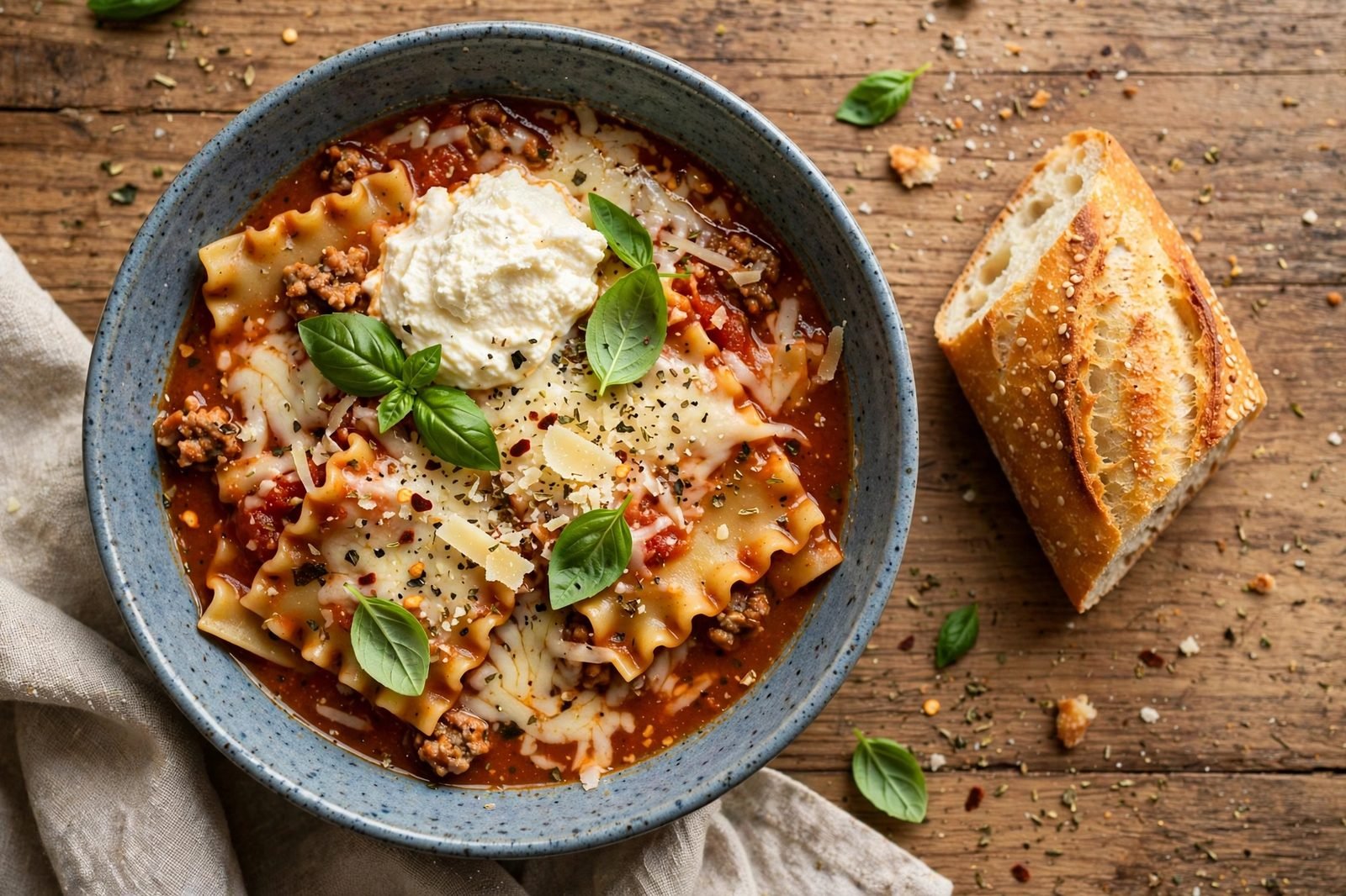 Overhead of one finished bowl of lasagna soup on a wooden table with crusty bread alongside.