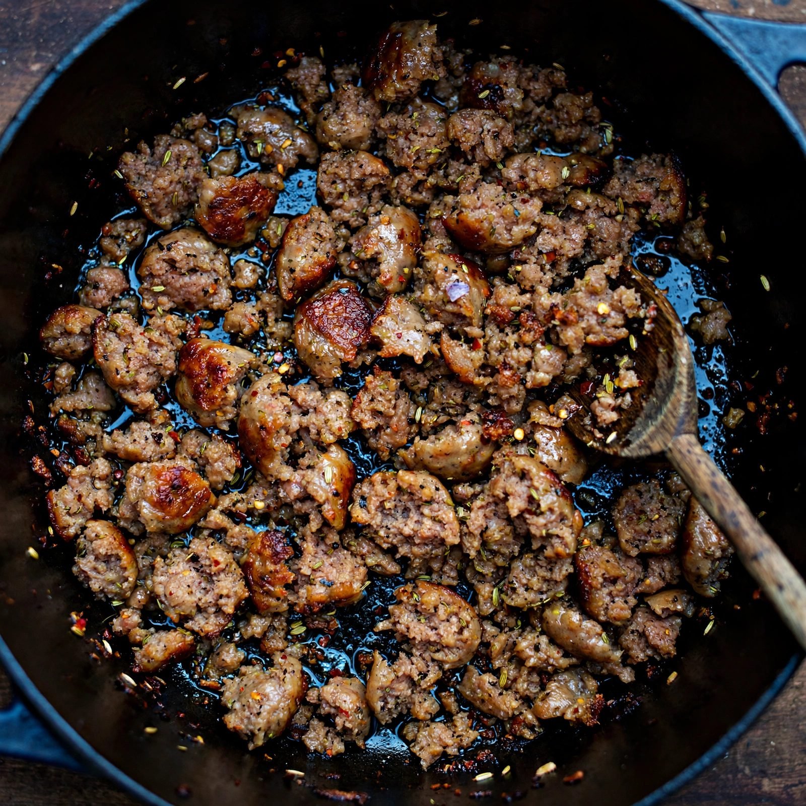 Overhead of Italian turkey sausage crumbling and browning in a large Dutch oven.