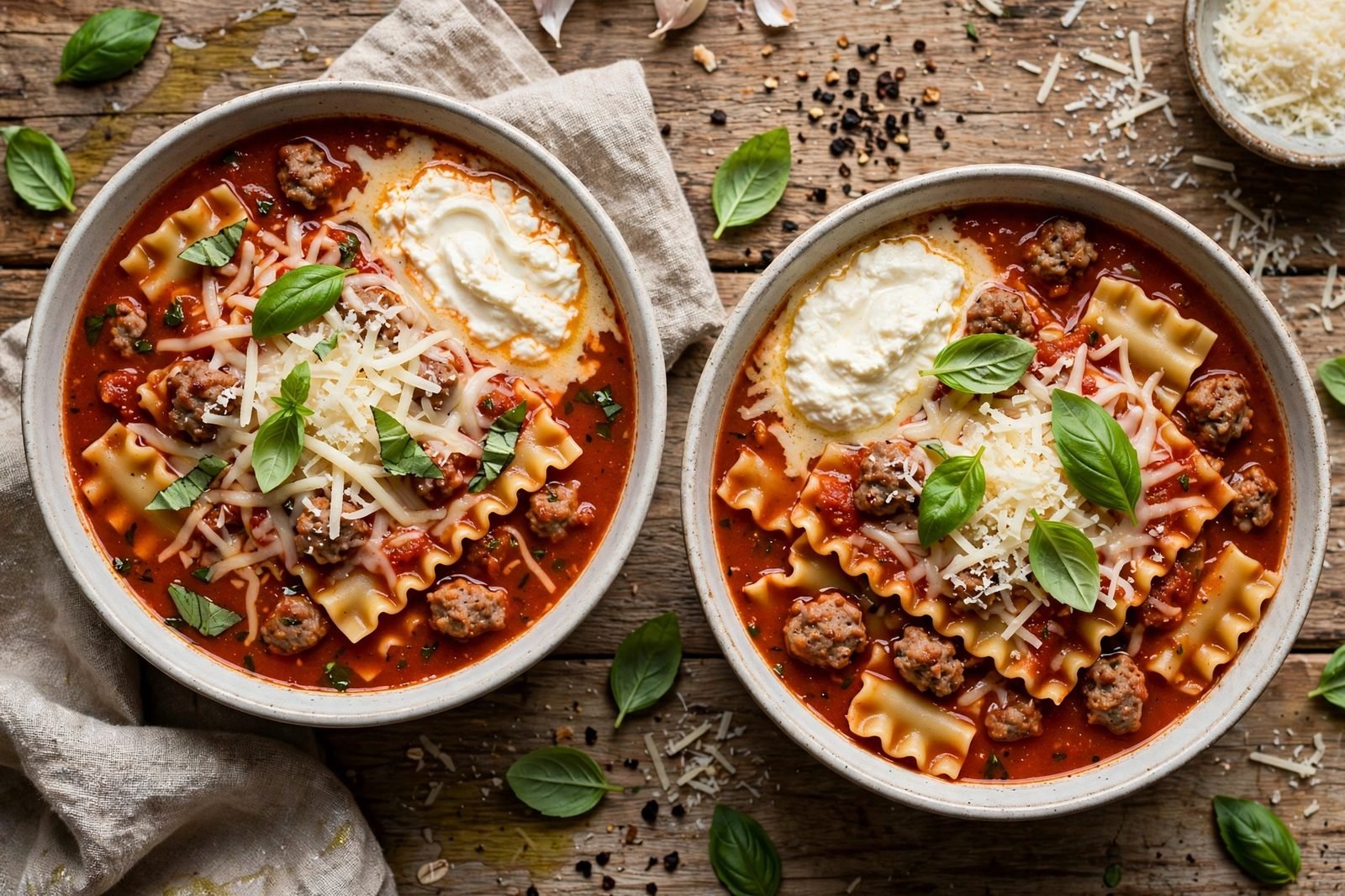 Overhead of two finished bowls of lasagna soup: broken lasagna noodles in rich tomato broth with sausage crumbles, a ricotta dollop, melted mozzarella, grated Parmesan, and fresh basil.