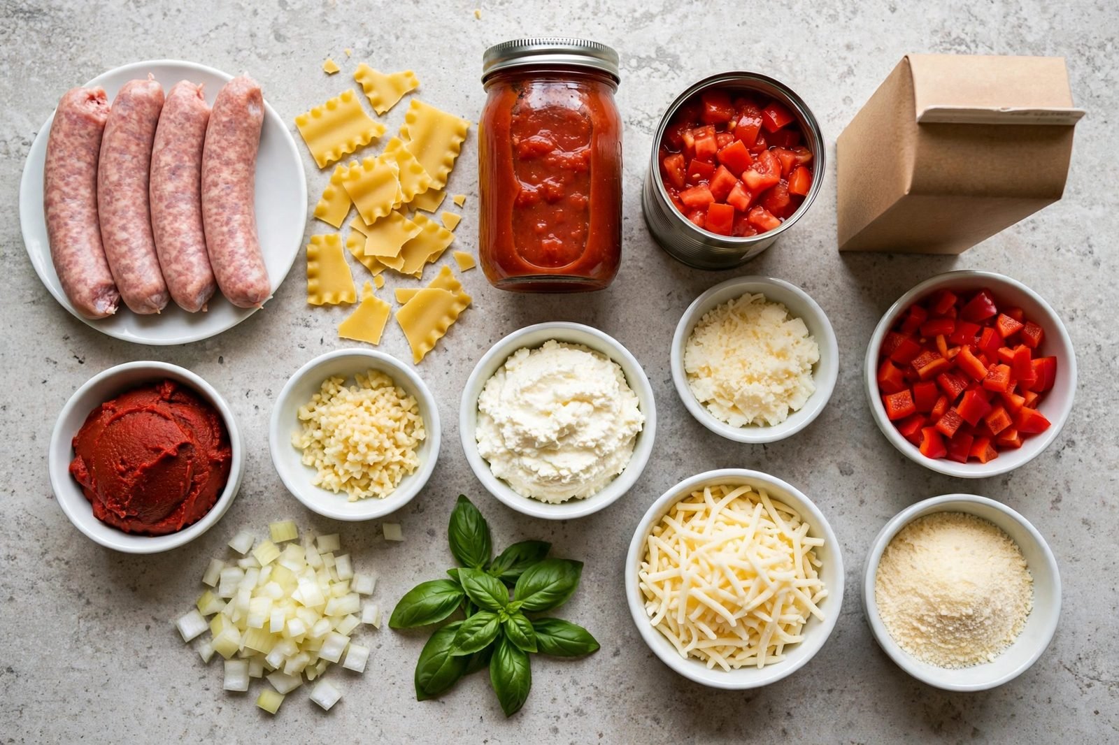 Overhead of turkey sausage, broken lasagna noodles, marinara jar, diced tomatoes, broth, onion, bell pepper, garlic, tomato paste, basil, ricotta, mozzarella, Parmesan arranged on a counter.