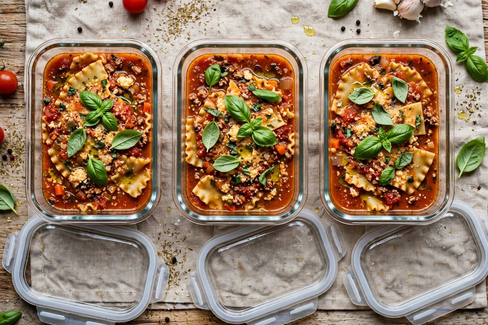 Overhead of glass meal-prep containers filled with lasagna soup, basil on top.