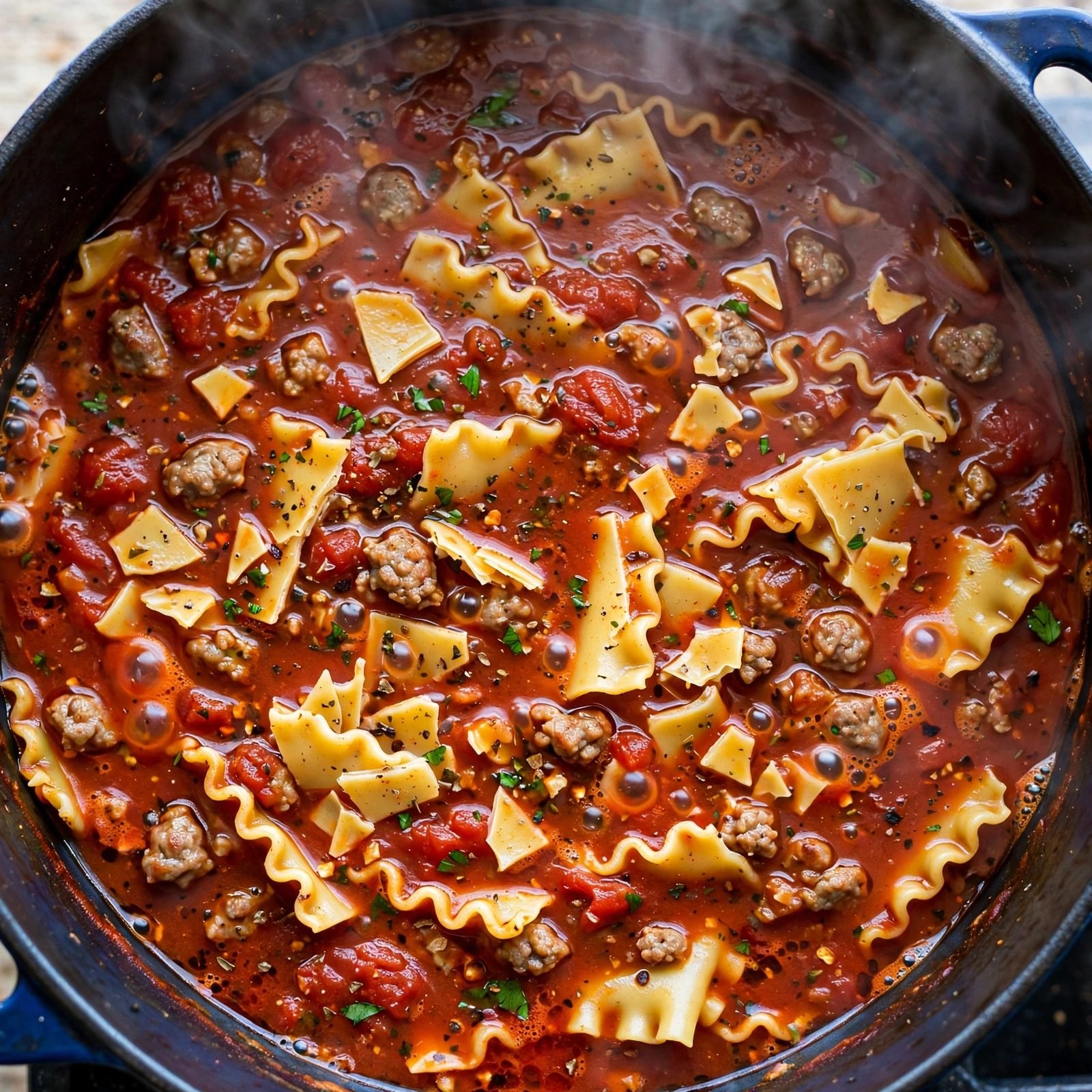 Overhead of broken lasagna noodles simmering in the red broth in the Dutch oven, steam rising.