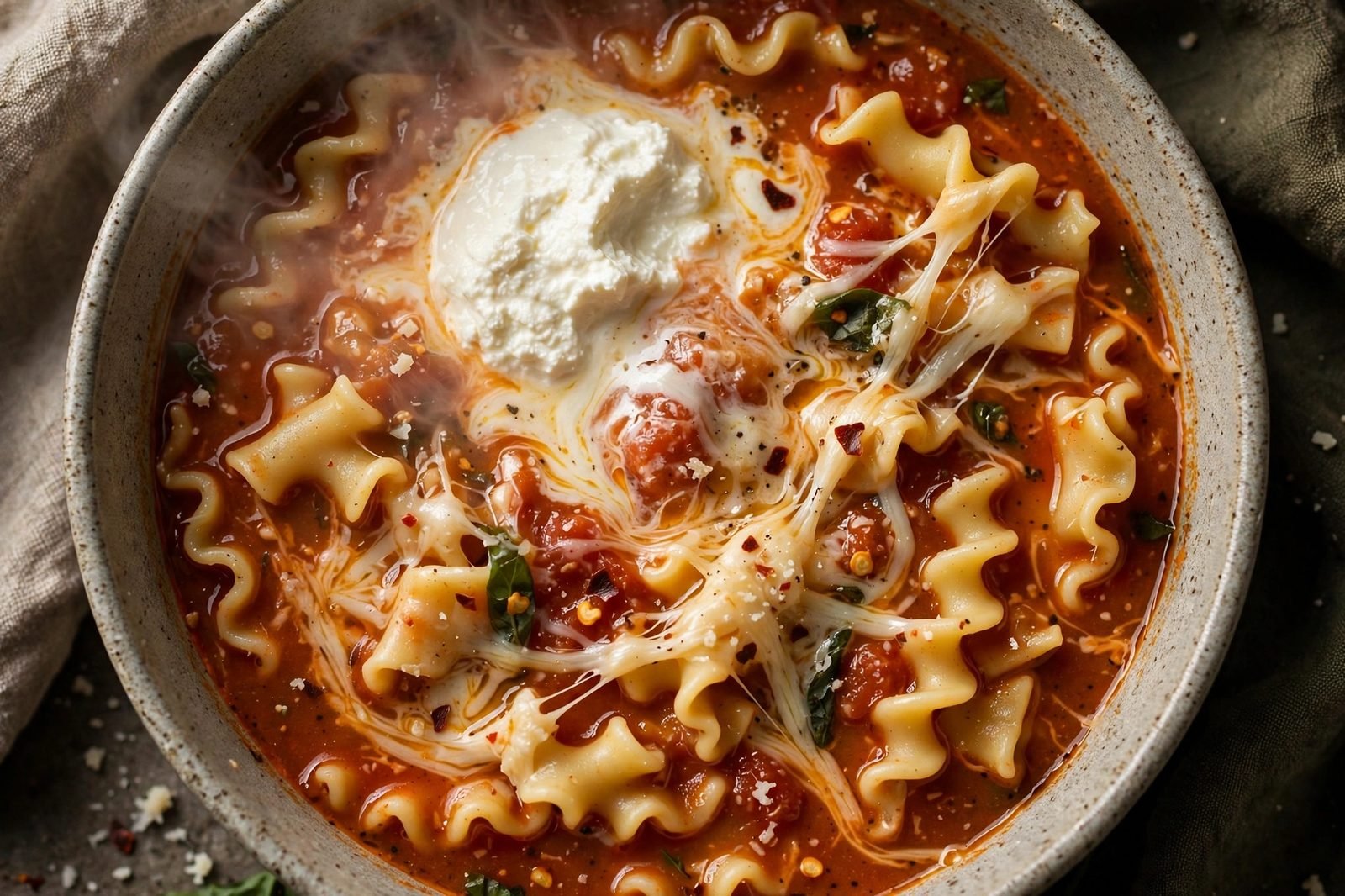 Overhead close-up of a creamy ricotta dollop melting into the hot soup with mozzarella strands.