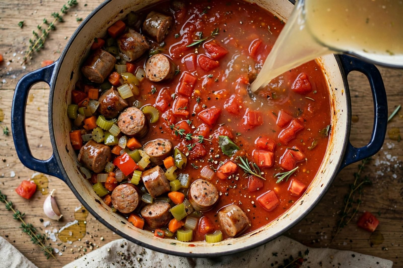 Overhead of marinara, diced tomatoes, and chicken broth poured into the pot, rich red liquid.