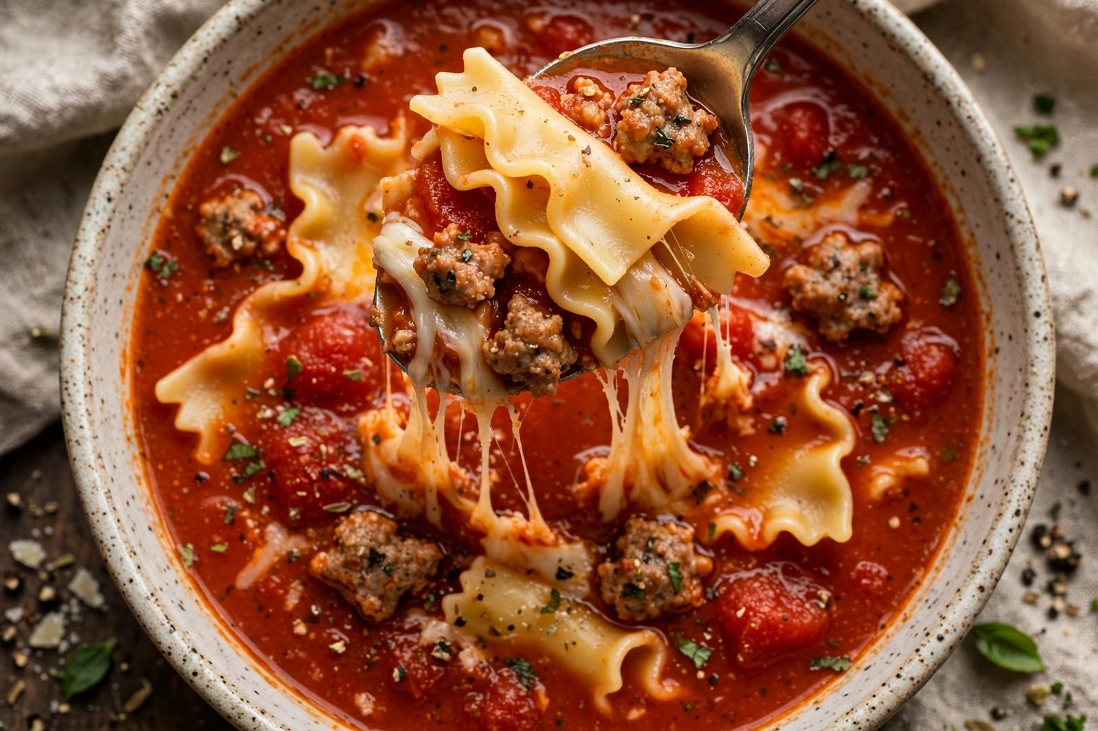 Overhead close-up of a spoon lifting a bite of noodles, sausage, and melty cheese from the soup.