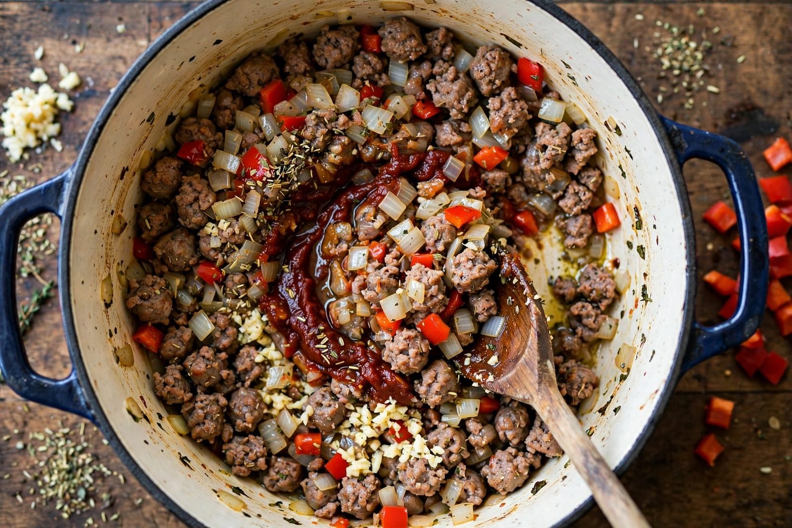 Overhead of diced onion, bell pepper, garlic, tomato paste, and Italian seasoning being stirred into the browned sausage.