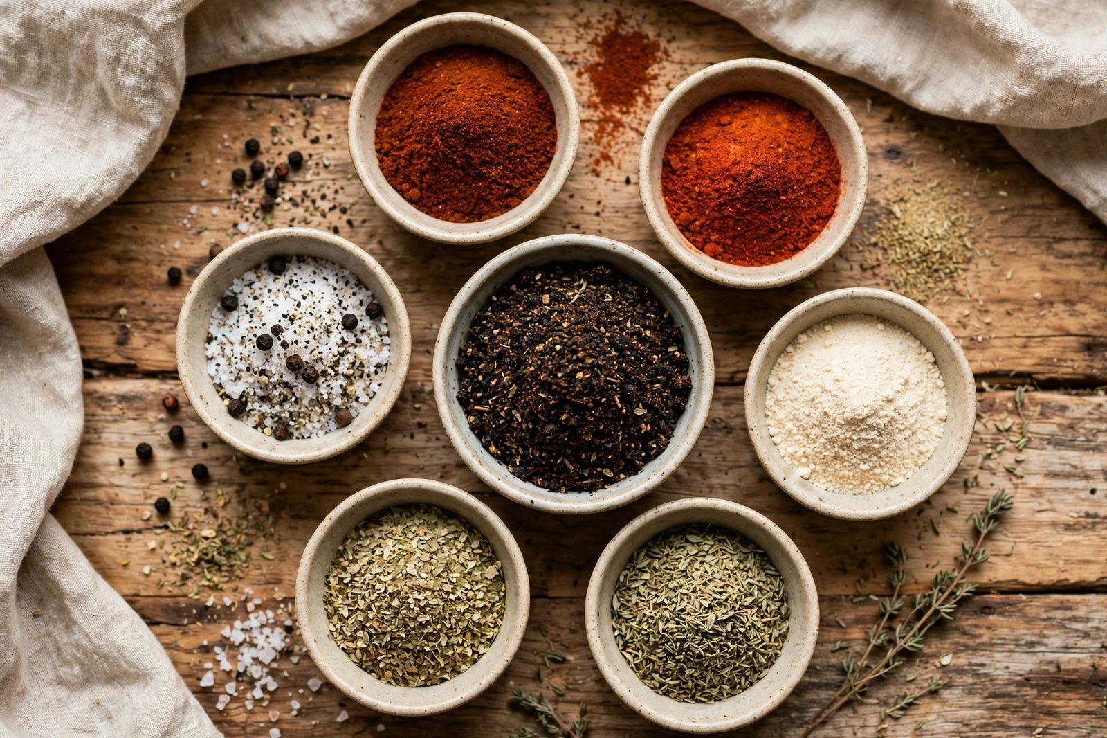 Overhead of small bowls of smoked paprika, cayenne, garlic powder, thyme, oregano, salt, and pepper arranged around a bowl of mixed blackening seasoning.
