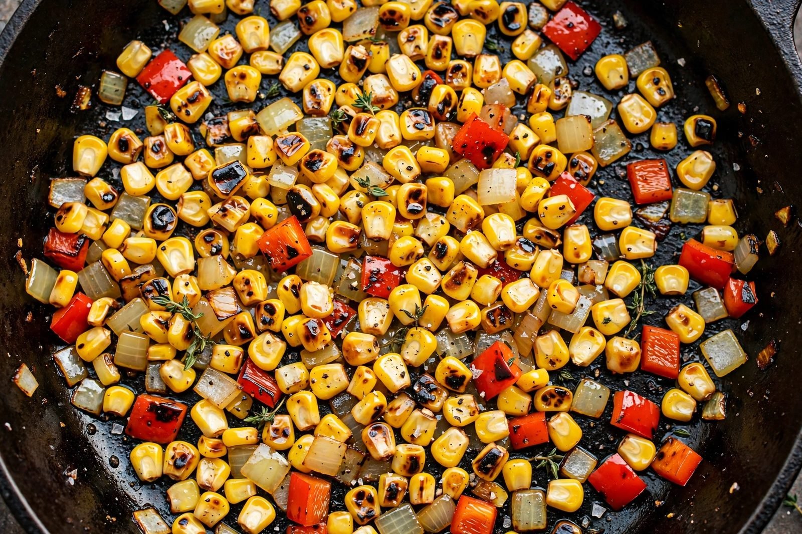 Overhead of corn kernels charring in the skillet with diced onion and bell pepper, golden-brown spots forming.