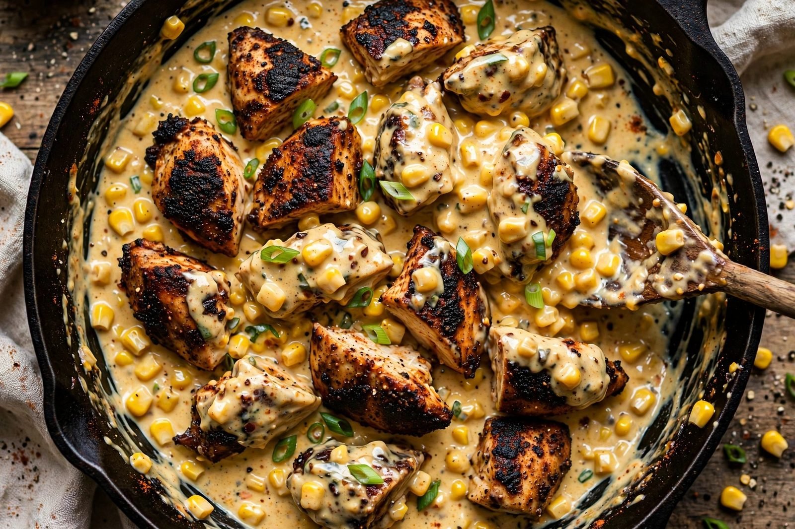 Overhead of blackened chicken pieces being folded back into the creamy corn sauce with sliced green onions.