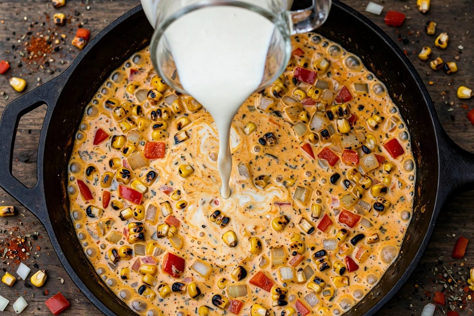 Overhead of cream being poured into the skillet, simmering Cajun cream sauce with charred corn.