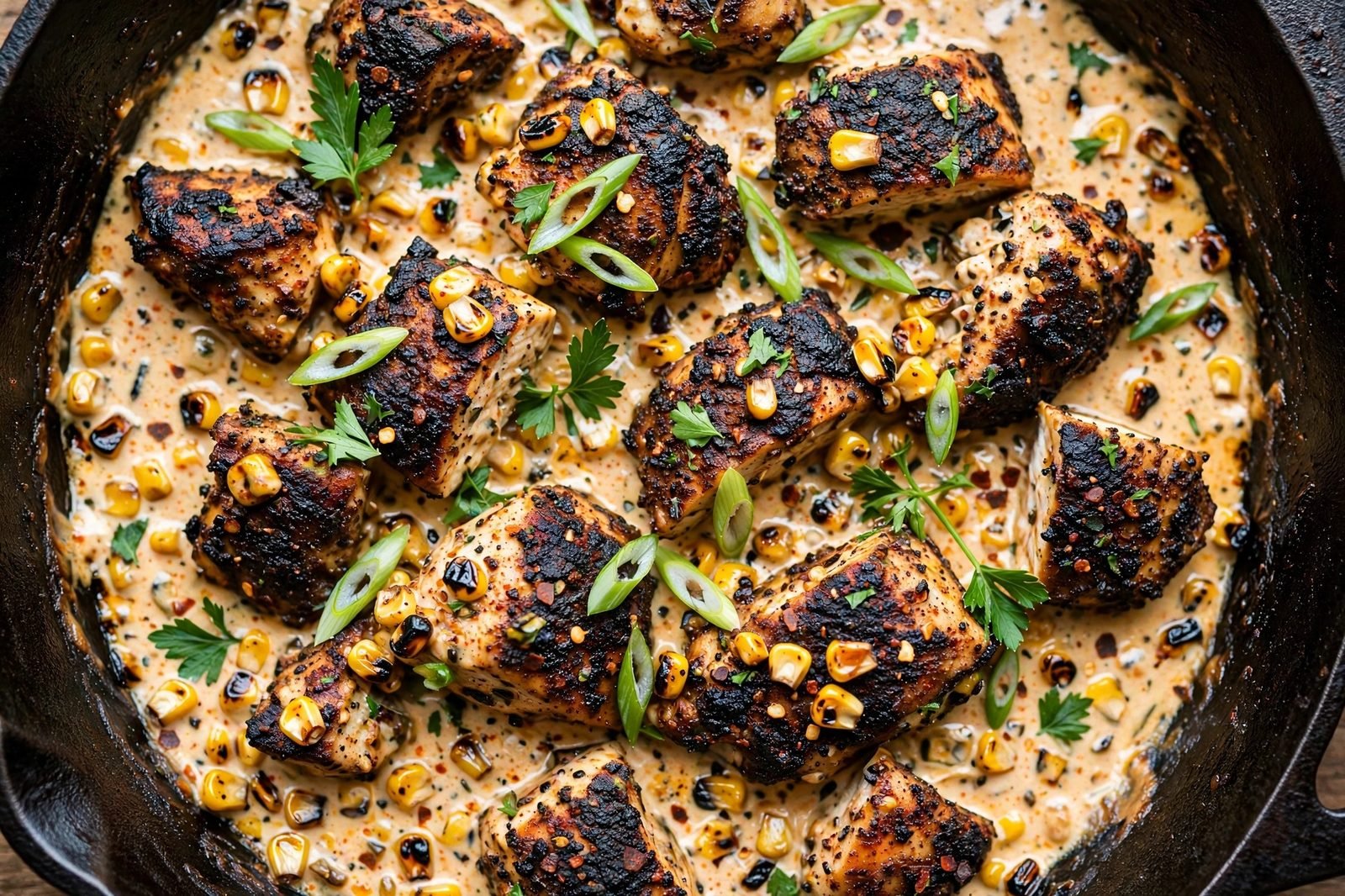 Overhead of the finished skillet: blackened chicken pieces with charred corn in creamy Cajun sauce, sliced green onions, parsley, in a cast-iron skillet.