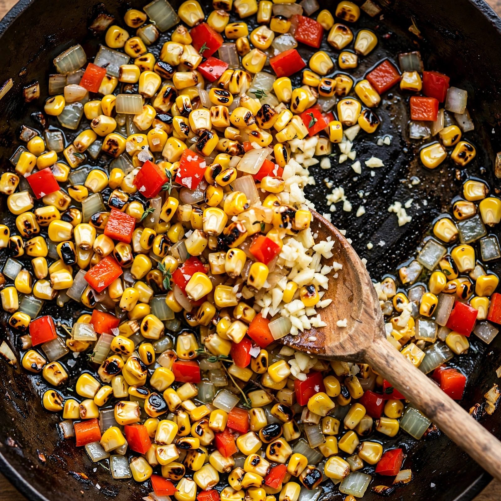 Overhead close-up of minced garlic being stirred into the charred corn and vegetables with a wooden spoon.
