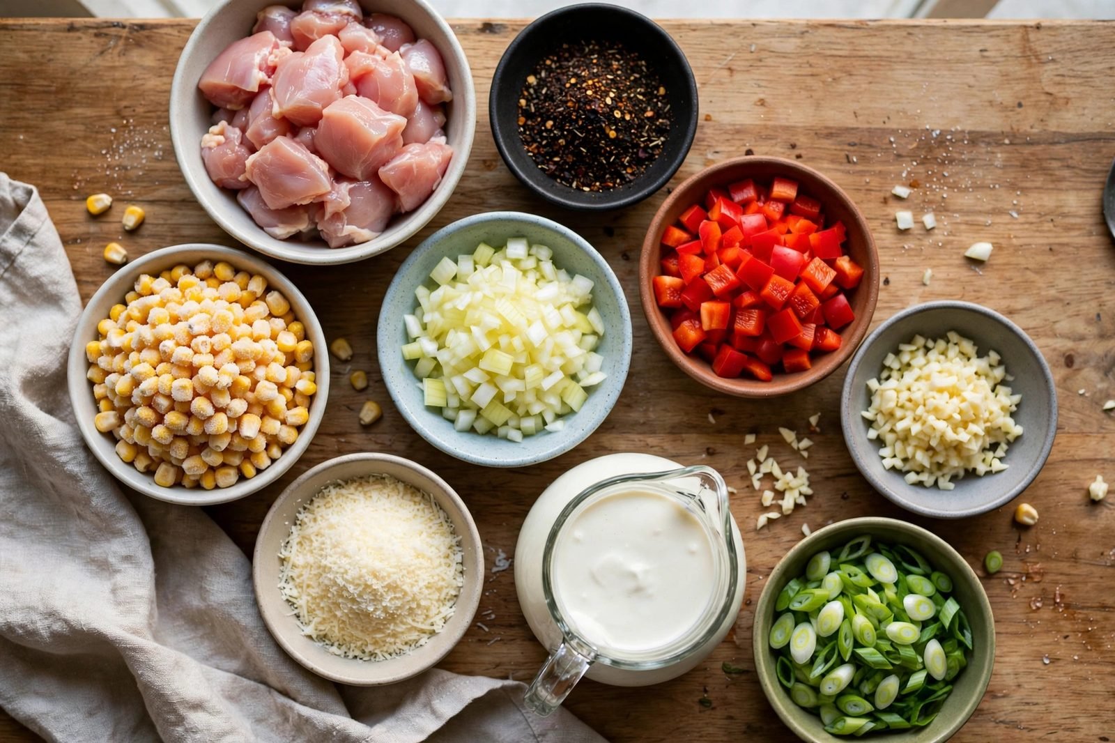 Overhead of raw chicken pieces in a bowl, blackening seasoning in small bowls, frozen corn in a bowl, diced onion, bell pepper, garlic, cream, Parmesan, green onions on a counter.