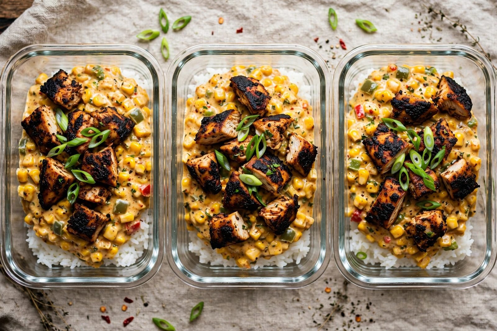 Overhead of glass meal-prep containers with blackened chicken and corn over rice, green onions on top.
