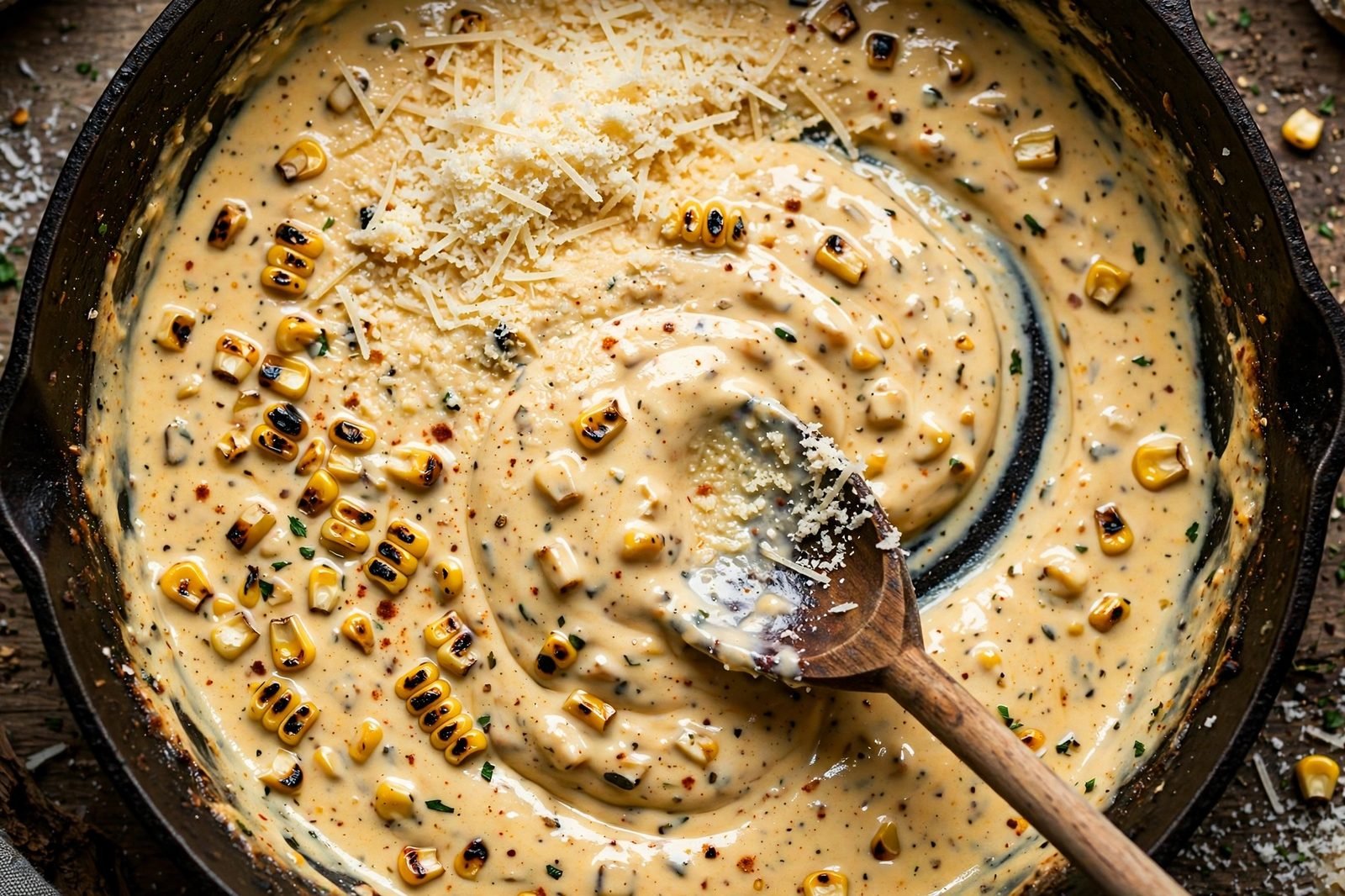 Overhead of grated Parmesan being stirred into the silky cream sauce in the skillet.