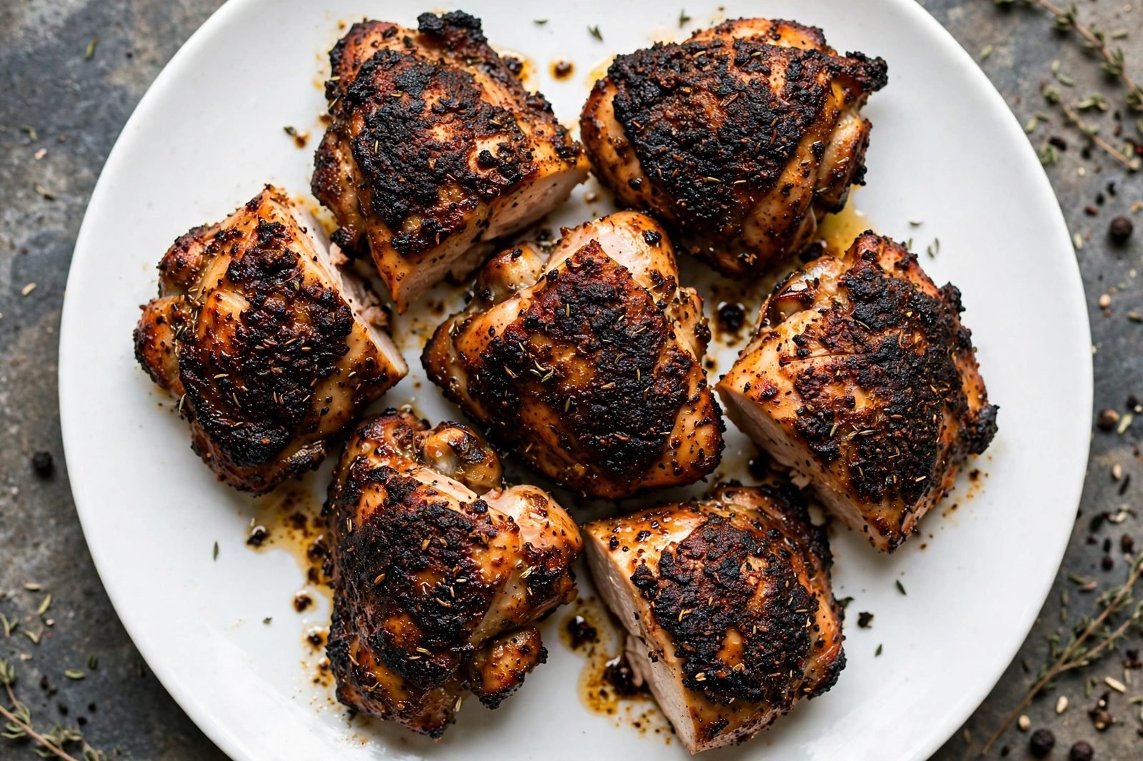 Overhead of deeply browned blackened chicken pieces resting on a plate.