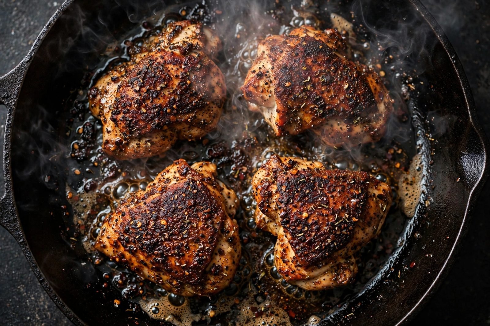 Overhead of chicken pieces searing hard in a hot cast-iron skillet, dark crust forming, wisps of heat.