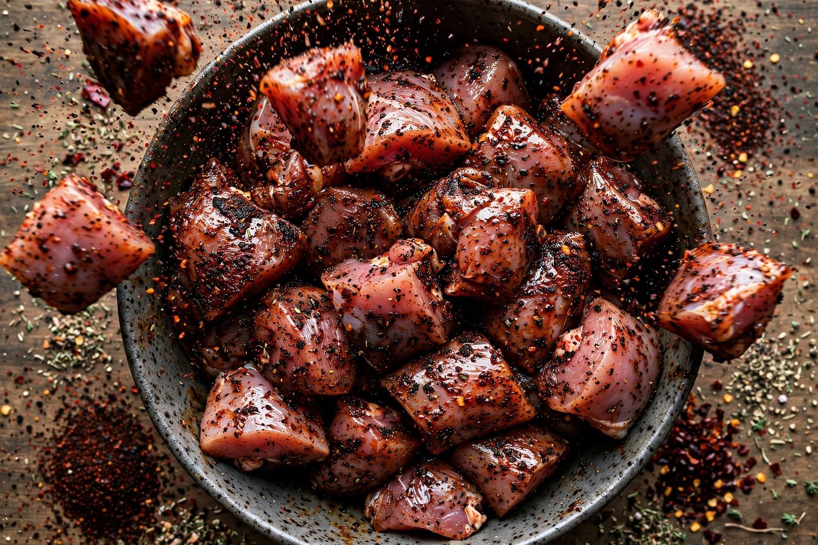 Overhead of raw chicken pieces in a bowl being tossed with dark blackening seasoning.