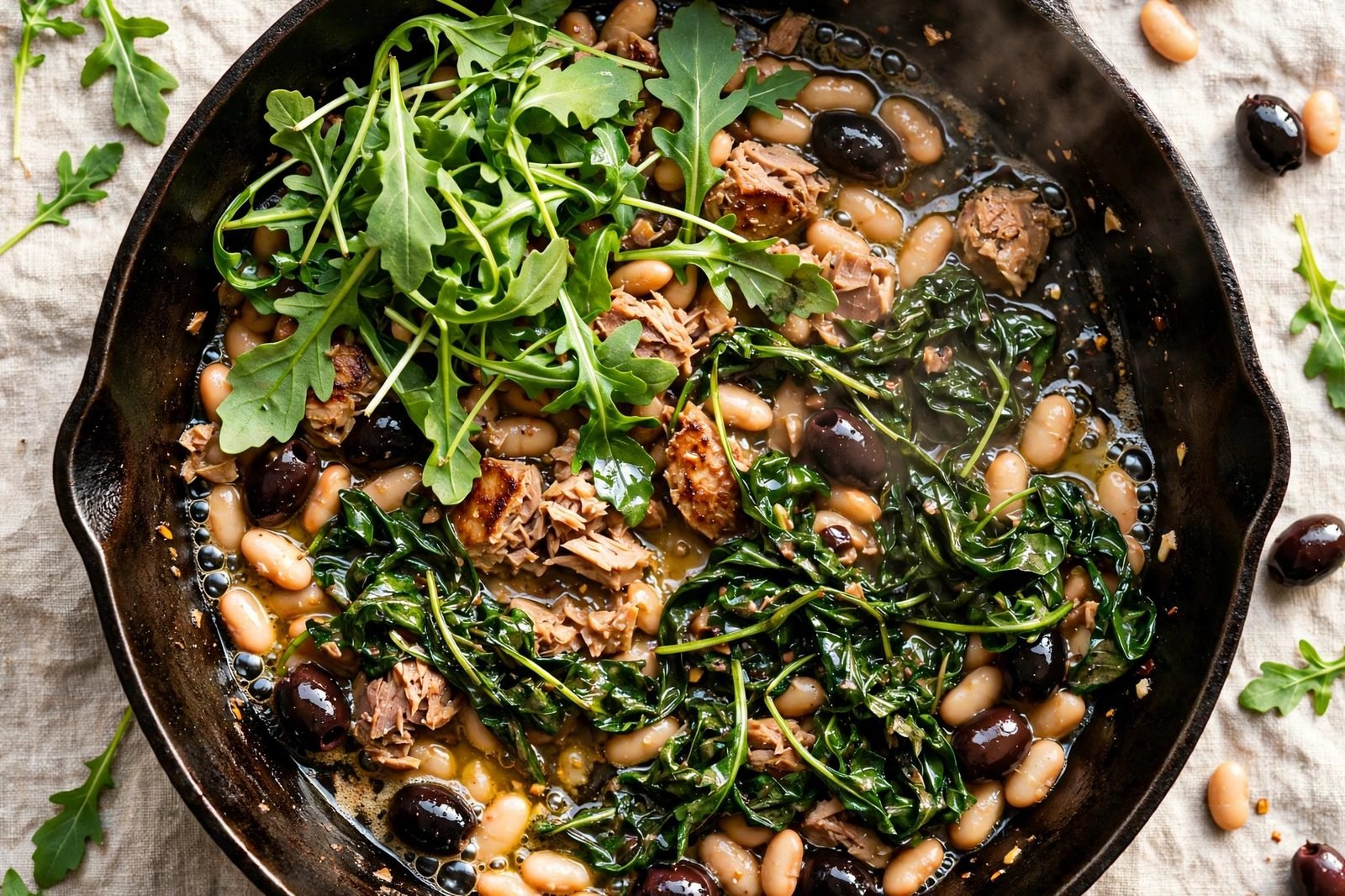 Overhead of fresh arugula folded into the warm salad in the skillet, leaves just wilting.