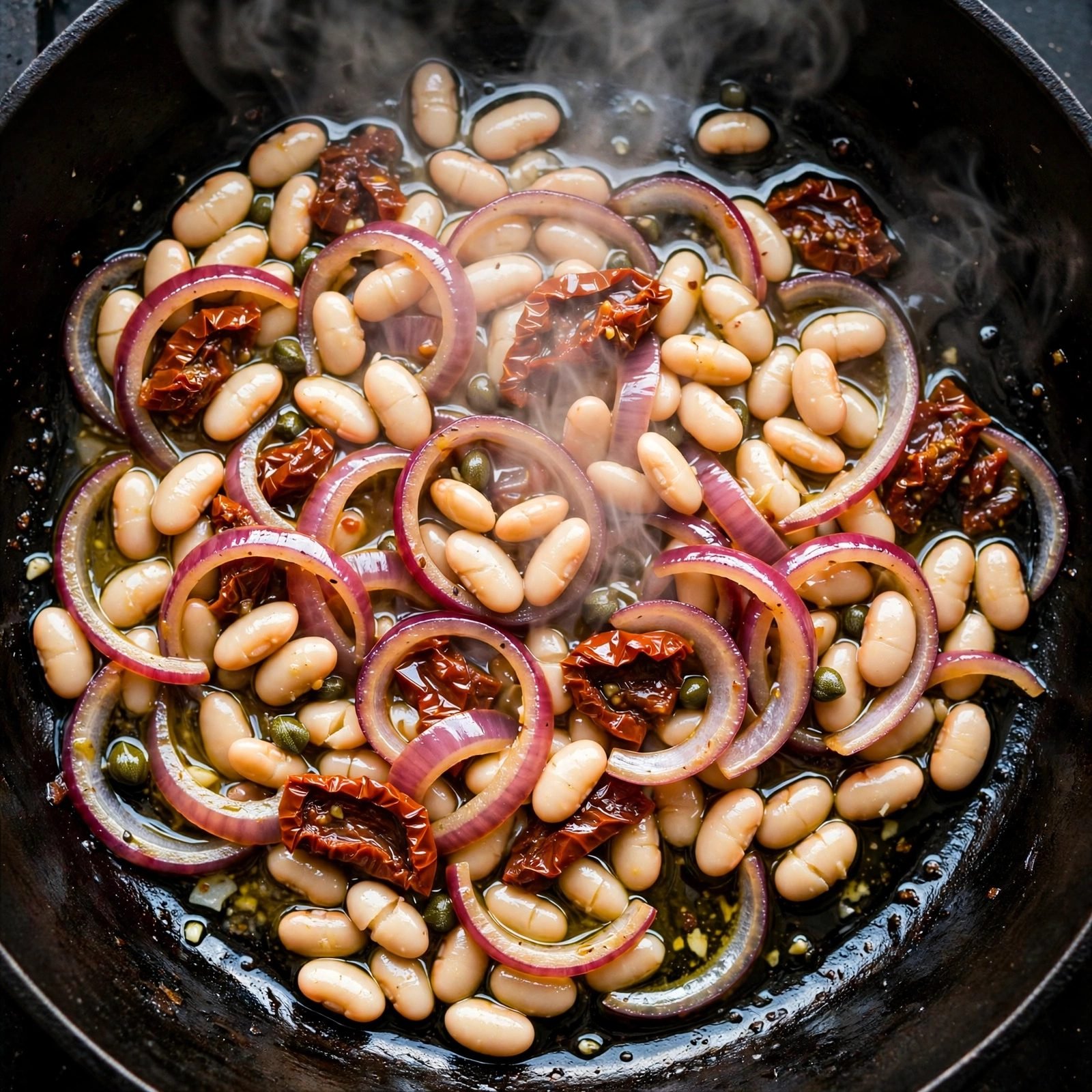 Overhead of cannellini beans and red onion slices tossed in the garlicky oil in the skillet.