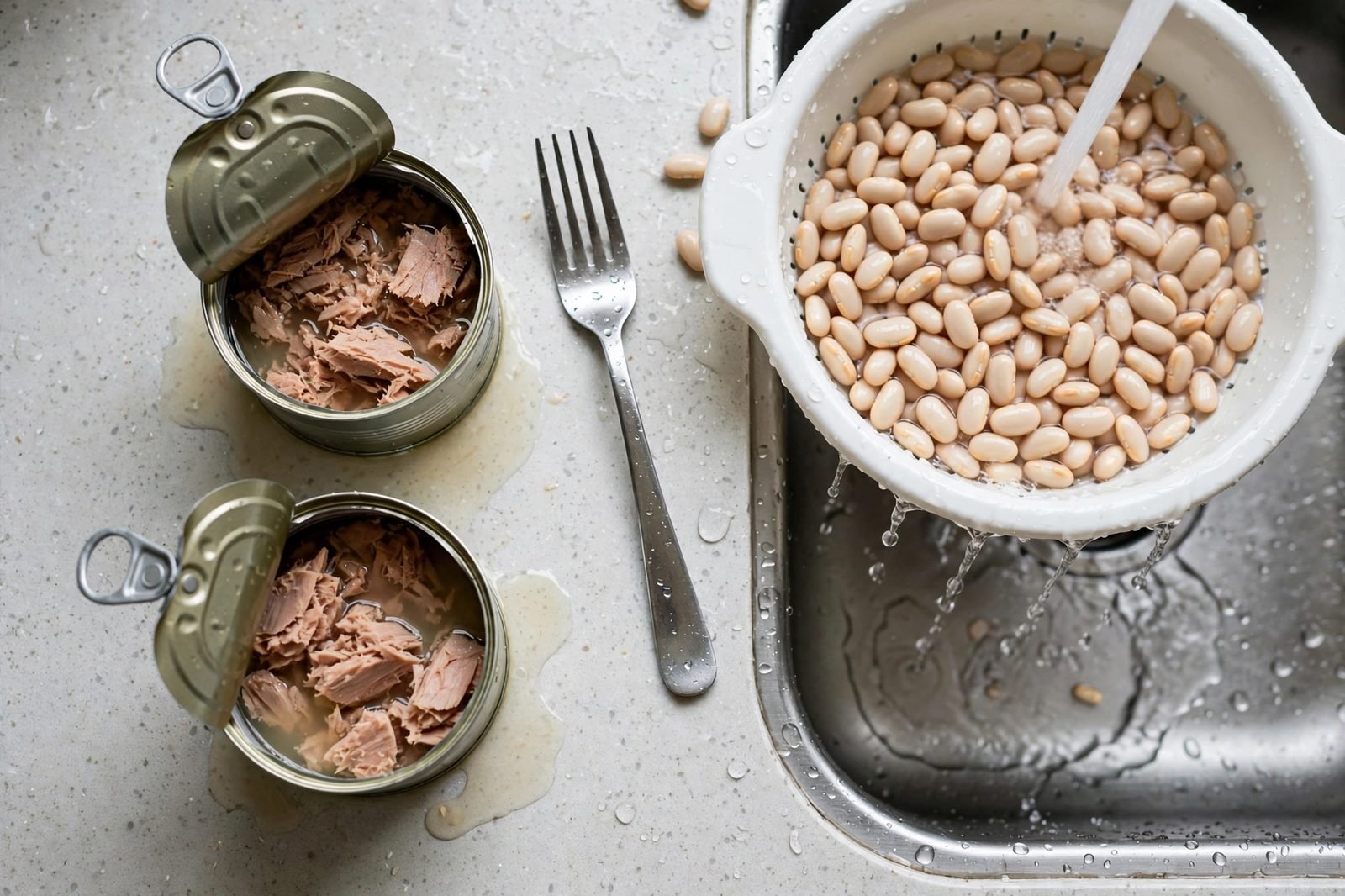 Overhead of opened tuna cans being drained and cannellini beans rinsing in a colander.