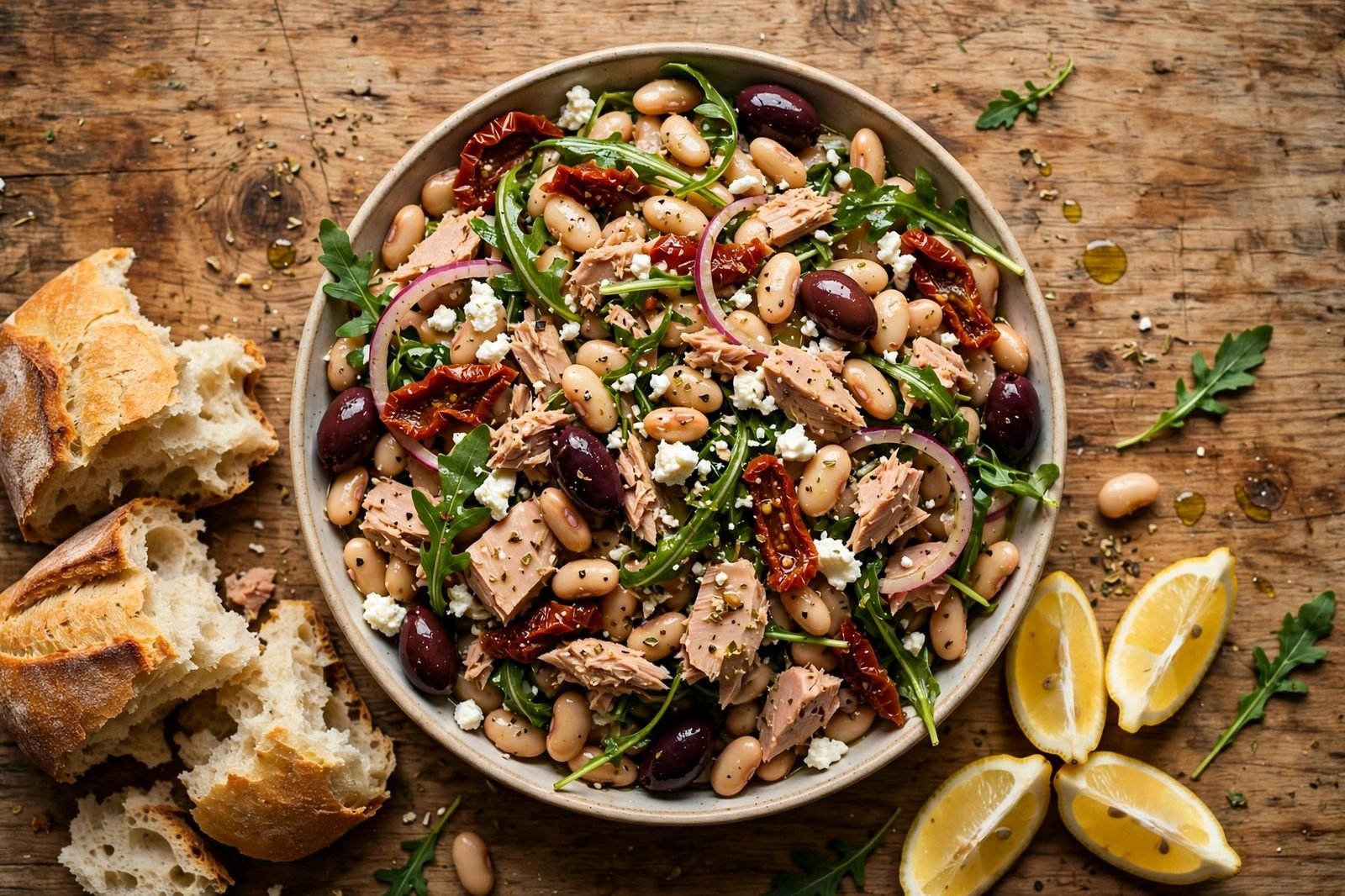 Overhead of the finished warm tuna and white bean salad in a shallow serving bowl: flaked tuna chunks, cannellini beans, wilted arugula, crumbled feta, kalamata olives, sun-dried tomatoes, lemon wedges beside the bowl, torn crusty bread.