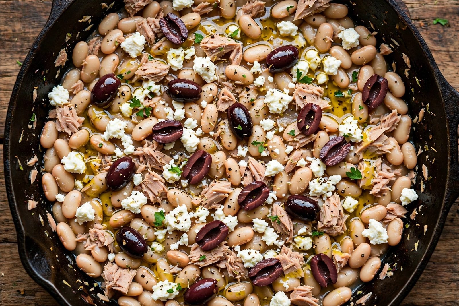 Overhead of crumbled feta and halved kalamata olives scattered over the finished salad.