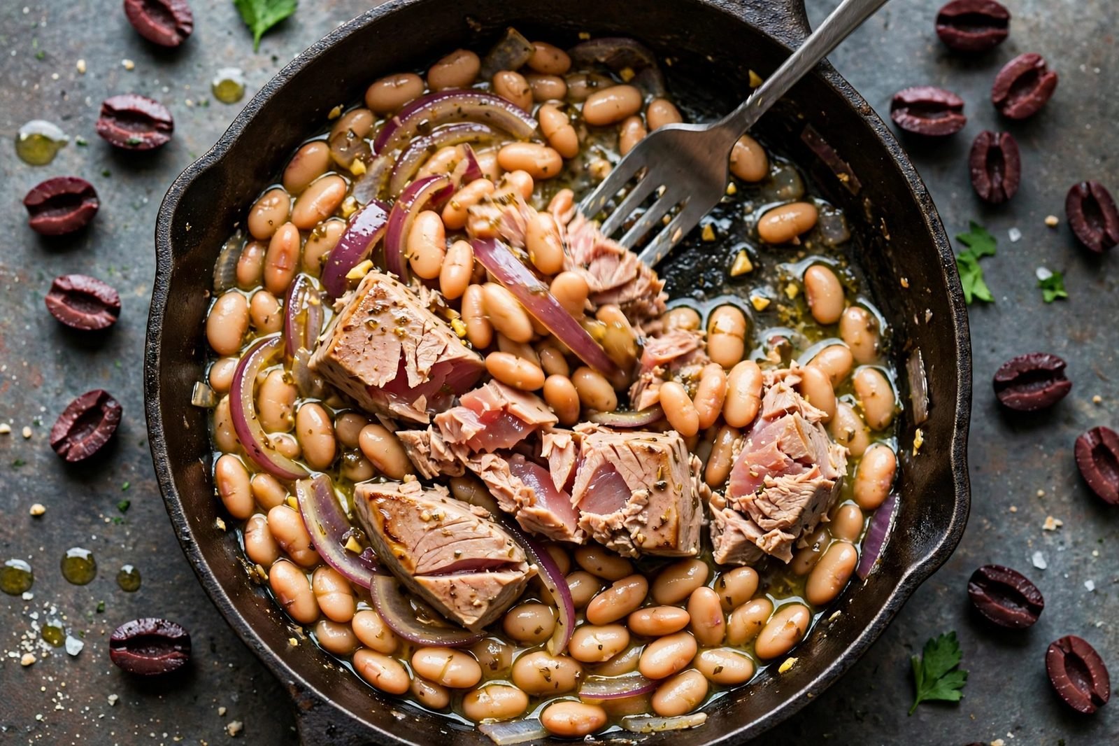 Overhead of large chunks of tuna being folded into the skillet over the warm beans.