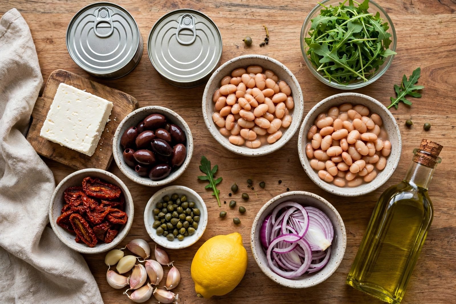 Overhead of tuna cans, cannellini beans, arugula, feta block, kalamata olives, sun-dried tomatoes, capers, garlic, lemon, red onion, olive oil on a counter.