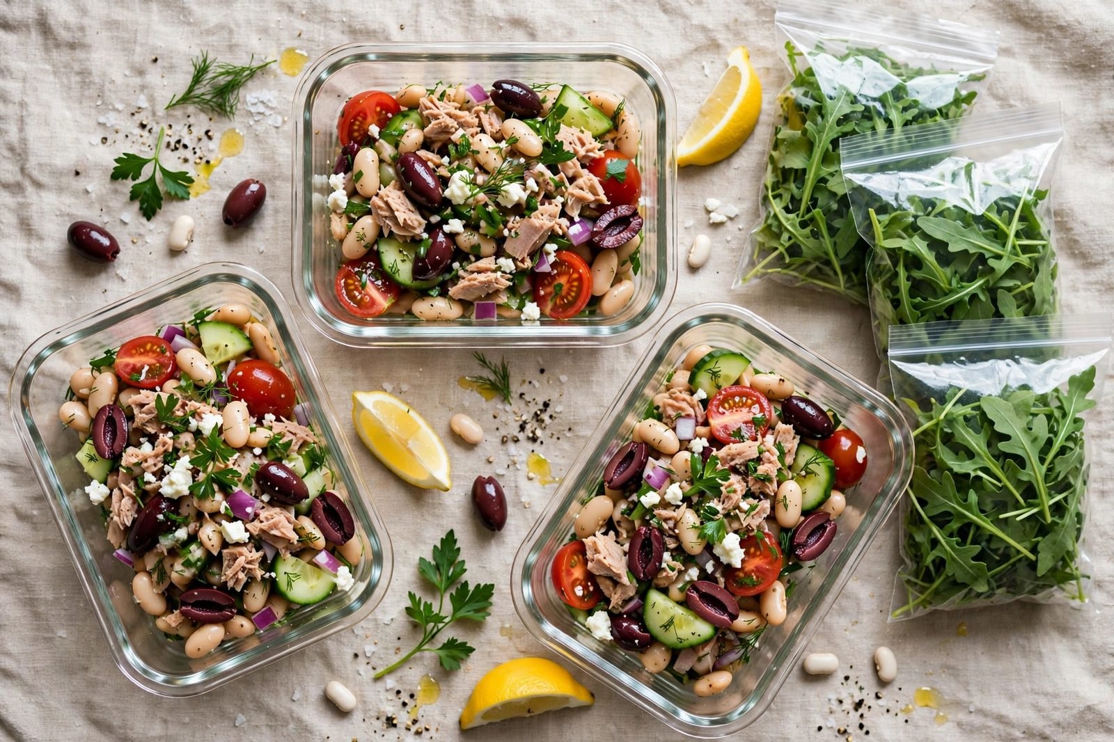 Overhead of glass meal-prep containers with the tuna and bean salad packed for lunches.