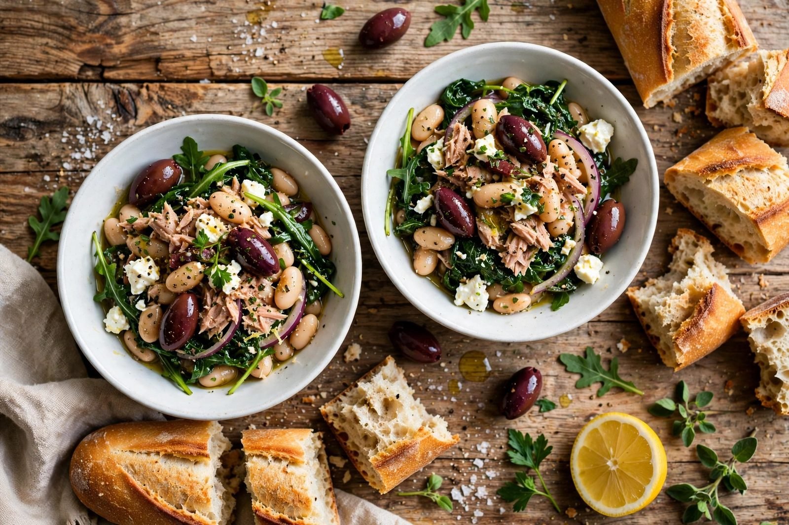 Overhead of two bowls of the warm salad with crusty bread for scooping.