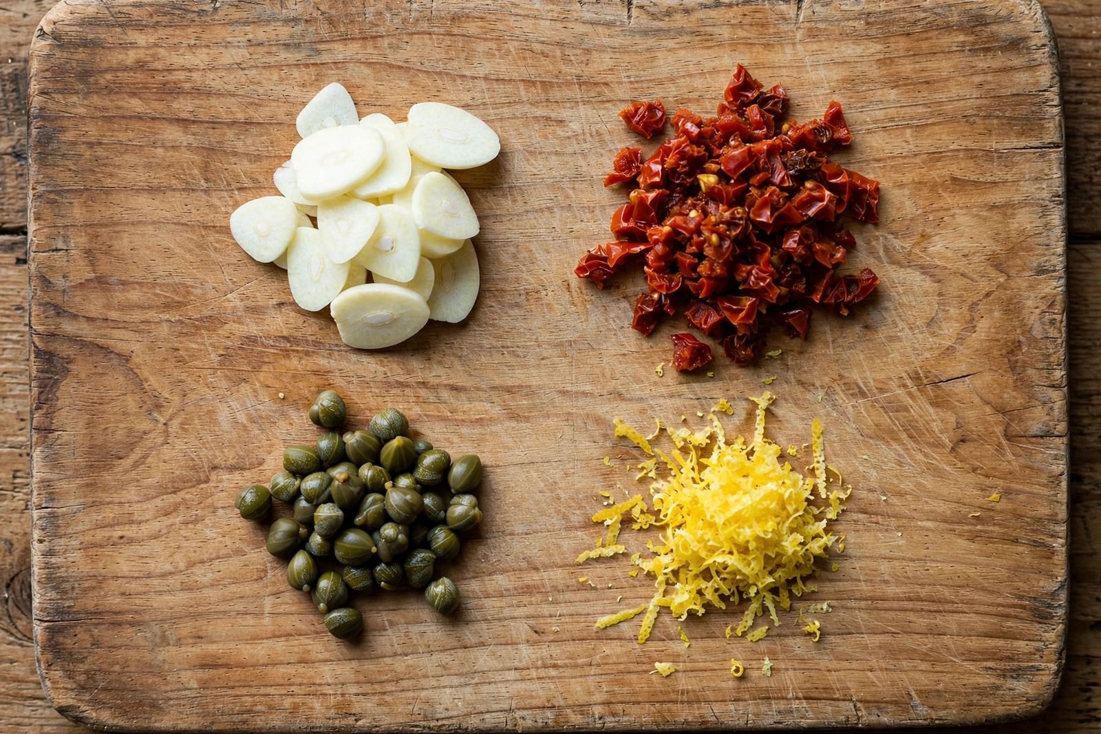 Overhead of sliced garlic, chopped sun-dried tomatoes, drained capers, lemon zest on a cutting board.